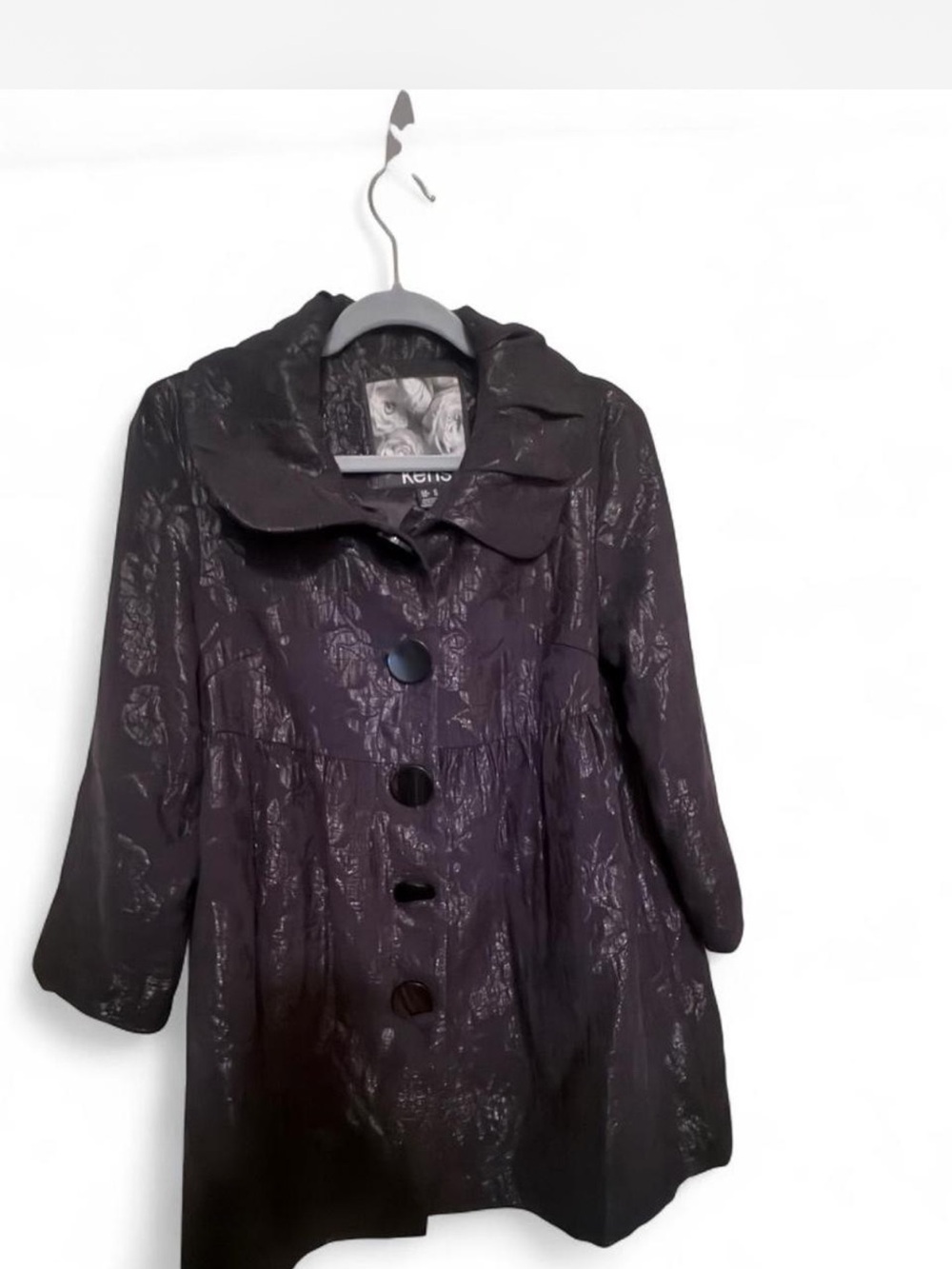 Kensi Women's Black with Shimmery Flowers. Button-Front Trench Coat